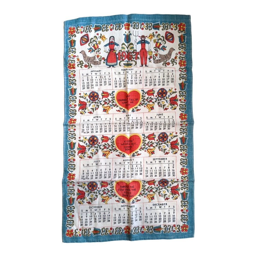 Vintage 60's Pennsylvania Dutch Style 1967 Calendar Linen Tea Towel with Sayings